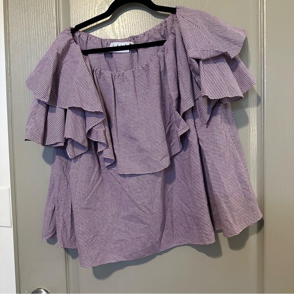 Women's Purple Ruffle Top Gingham Plaid Easter Preppy Flowy Short Sleeve Blouse